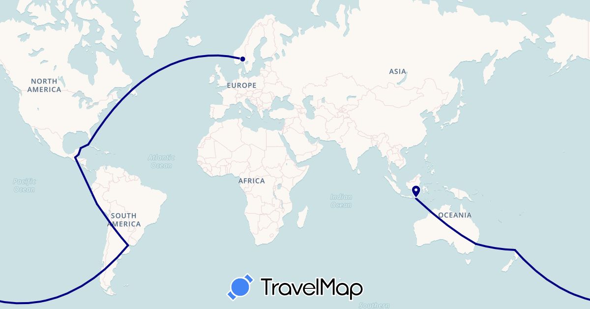 TravelMap itinerary: driving in Argentina, Australia, Belize, Cuba, Guatemala, Indonesia, Mexico, Norway, New Zealand, Peru (Asia, Europe, North America, Oceania, South America)